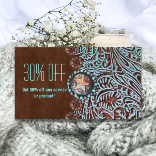 Cartão De Visita couros e peles castanhos-turquesa, de países ocide (turquoise brown western country tooled leather business card)