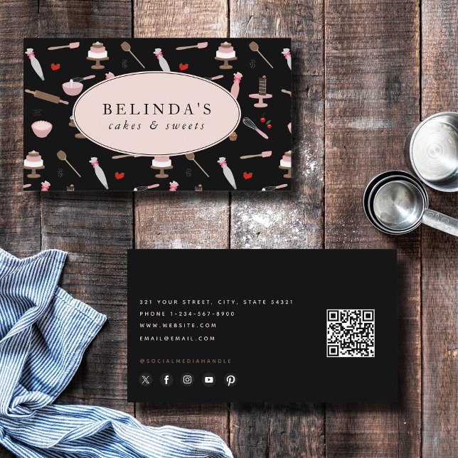 Cartão De Visita Cozinhar de panificação e Cozinhar Utensílios de p (Baking & Cooking Utensils Bakery Cooking QR Code Business Card)