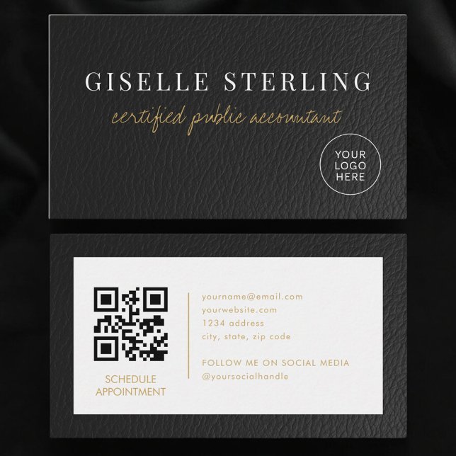 Cartão De Visita CPA Accountant Tax Faux Leather Logo QR Code (Criador carregado)