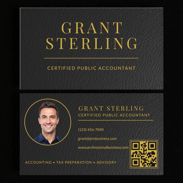 Cartão De Visita CPA Tax Preparer Accountant Faux Leather QR Code (Criador carregado)