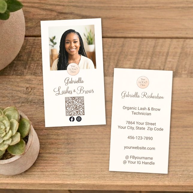Cartão De Visita Cream Mocha Logo QR Code Photo Lashes and Brows (Criador carregado)