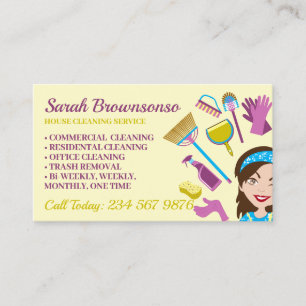 Cartão De Visita Cream Yellow Janitorial Lady House Clearing