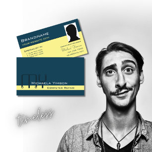 Cartão De Visita Creme Azul Moderno com Monograma e Clássico de Fot