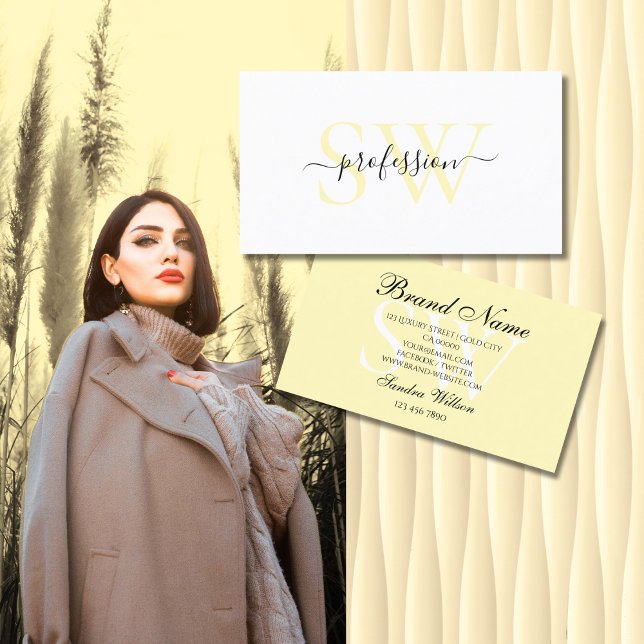 Cartão De Visita Creme de Pastel Branco e Leve Elegante com Iniciai (Criador carregado)