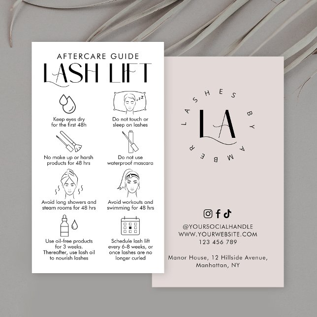 Cartão De Visita Creme Moderno e Lash Elegante Branco Levantam-se d (Elegant Lash Lift & Tint care instructions cards with space for your salon logo)