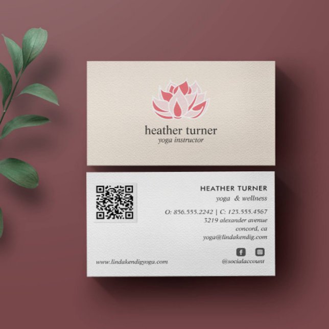 Cartão De Visita Creme QR CODE bem-estar spa massagem ioga (LOTUS FLOWER THEMED BUSINESS CARD WITH QR CODE AND SOCIAL ICONS)