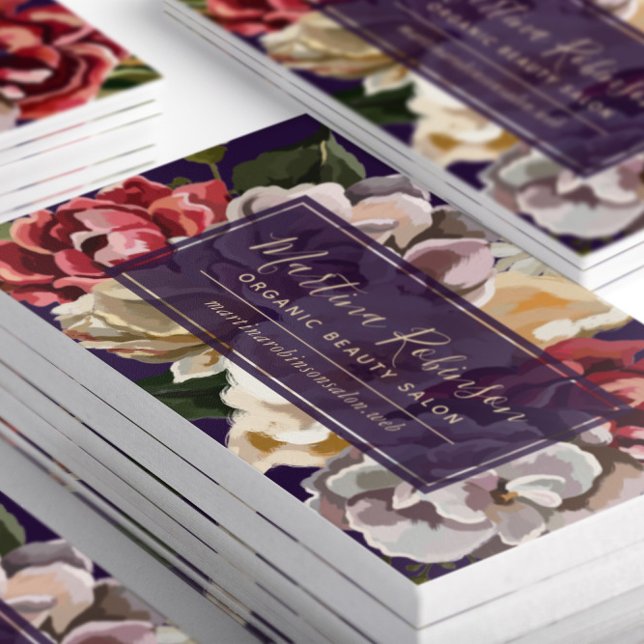 Cartão De Visita Creme Vermelho Chic e Floral Pintado Púrpura (Close-up stacked Chic Red, Cream and Purple Painted Floral Business Cards)
