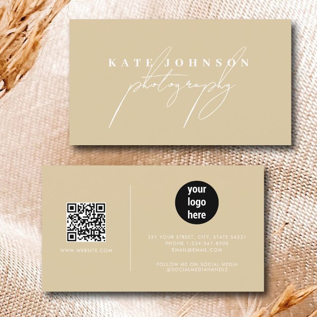 Cartão De Visita Creme White Signature Script QR Code Social Media (Cream White Signature Script QR Code Social Media Business Card)