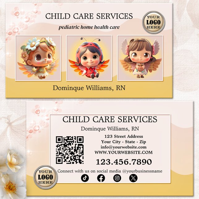 Cartão De Visita Crianças Pediátricas Enfermeira Daycare Foto (Business card for child care services with cute kids angels or your photos - QR code - social media)