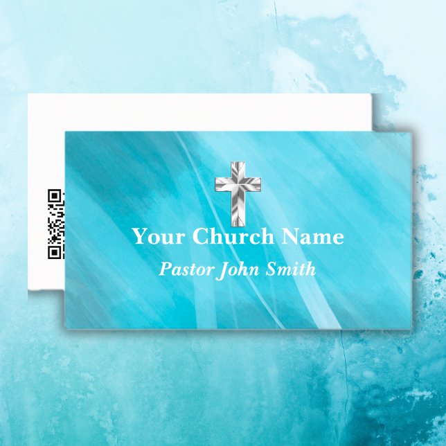 Cartão De Visita Cruz Cristã Pastoral-Cristã Pastor Azul Metálico (Metallic Blue Silver Church Pastor Christian Cross Business Card)