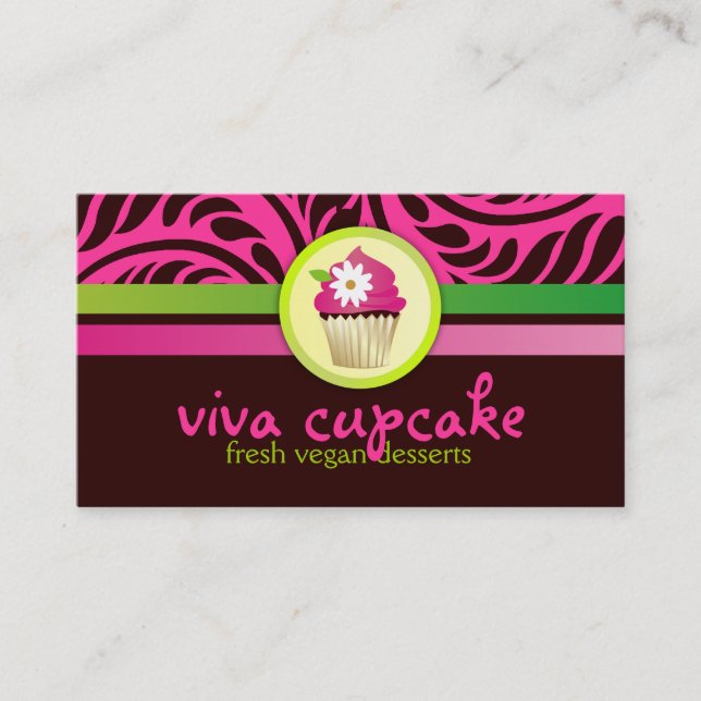 Cartão De Visita Cupcake 311 Viva rosa em faixas verdes (Frente)