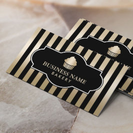 Cartão De Visita Cupcake Bakery Classy Black & Dourado Stripes Mode