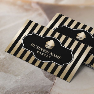 Cartão De Visita Cupcake Bakery Classy Black & Dourado Stripes Mode