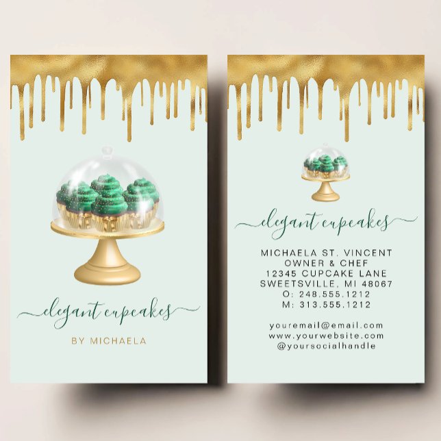 Cartão De Visita Cupcake Bakery Emerald Green Faux Gold Foil Drip (Criador carregado)