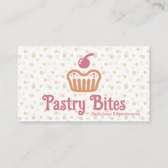 Cartão De Visita Cupcake Bakery Logo | Polka Dot Pattern (Frente)