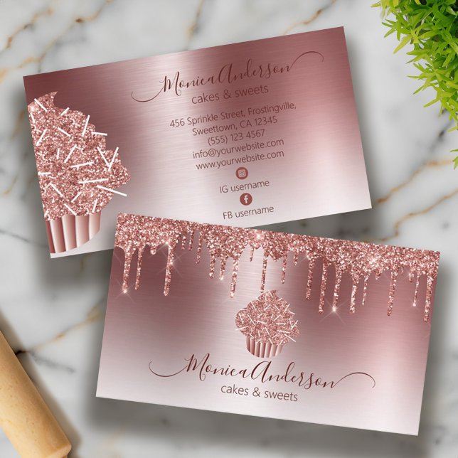 Cartão De Visita Cupcake Bakery Pastelaria Chef Glitter Drives Rosa (Cupcake Bakery Pastry Chef Glitter Drips Rose Gold Business Card)