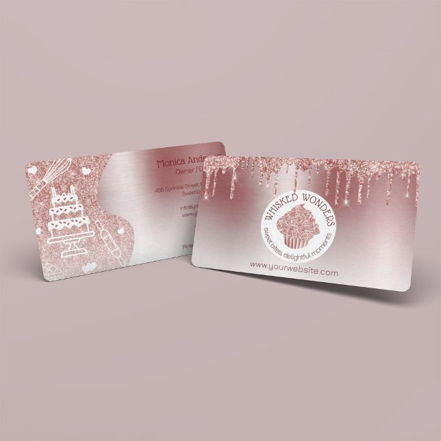 Cartão De Visita Cupcake Bakery Pastelaria Chef Glitter Drives Rosa (Pastry Cake Bakery Glitter Rose Gold Pink Drips Business Card)