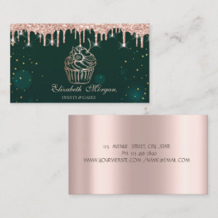 Cartão De Visita Cupcake Chic Drips Rosa Dourado Padaria Verde