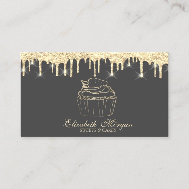 Cartão De Visita Cupcake Chic Morango Falso Drips Dourado Padaria (Frente)