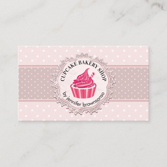 Cartão De Visita Cupcake de Bolinhas cor-de-rosa (Frente)