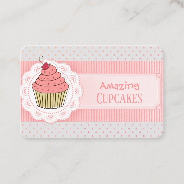 Cartão De Visita Cupcake de faixas de Bolinhas rosa (Frente)