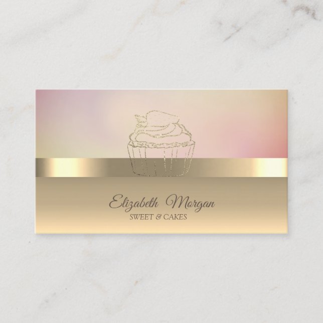 Cartão De Visita Cupcake de Ouro Moderno Padaria Morango (Frente)