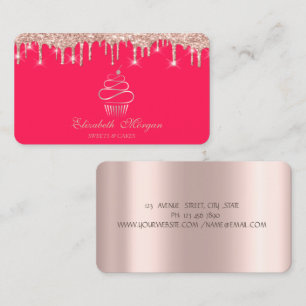 Cartão De Visita Cupcake Doce Rosa Dourado Gotejante Vermelho