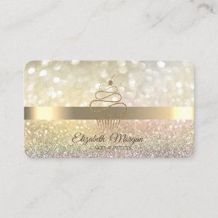 Cartão De Visita Cupcake Elegante com Brilho Dourado e Bokeh