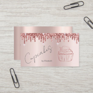 Cartão De Visita Cupcake Elegante com Brilho e Drips em Rosa Dourad