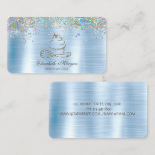 Cartão De Visita Cupcake Luminoso Dourado Confetti, Azul Metálico