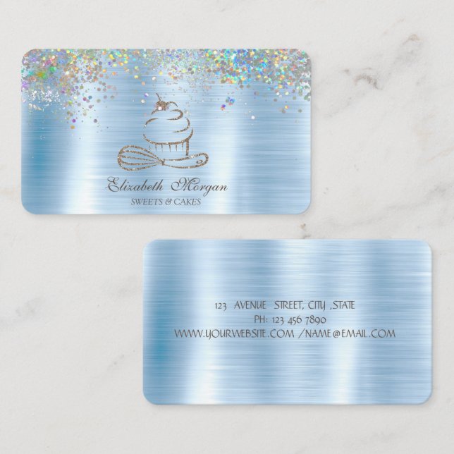 Cartão De Visita Cupcake Luminoso Dourado Confetti, Azul Metálico (Frente/Verso)