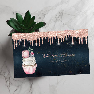 Cartão De Visita Cupcake Sweets Macaroon Gotejamento Dourado Rosa A