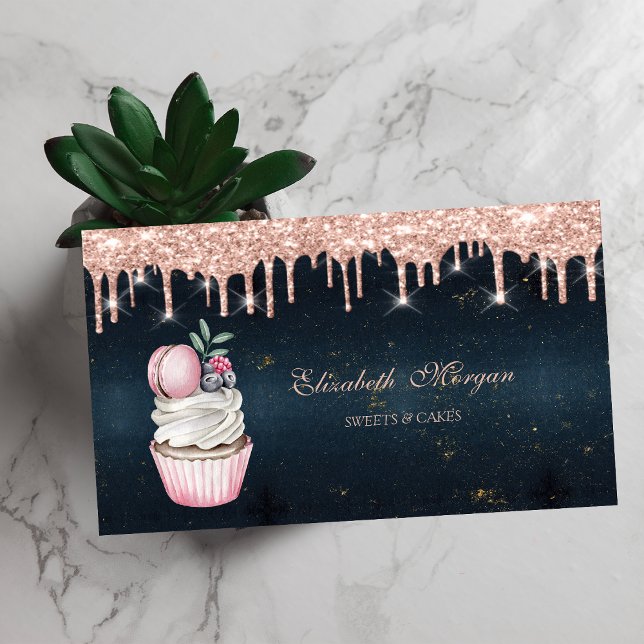 Cartão De Visita Cupcake Sweets Macaroon Gotejamento Dourado Rosa A (Criador carregado)