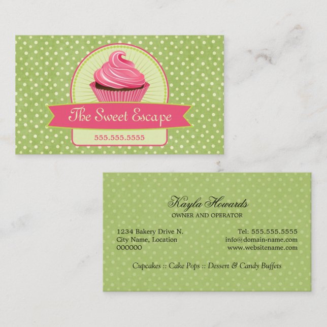 Cartão De Visita Cupcake Verde e Rosa (Frente/Verso)