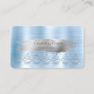 Cartão De Visita Cupcakes Brilhantes Traço de Pincel Prateado Azul