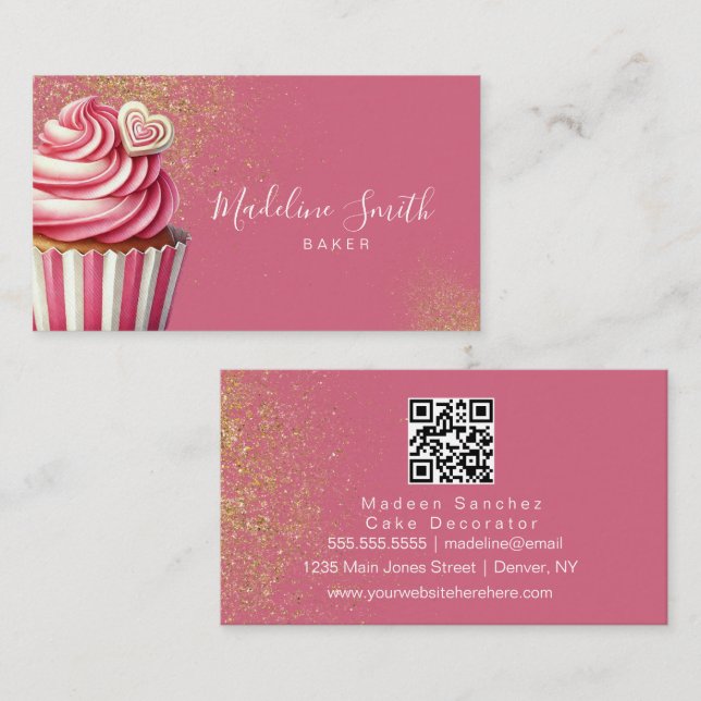 Cartão De Visita Cupcakes com Glitter da Padaria Rosa Código de Bar (Frente/Verso)
