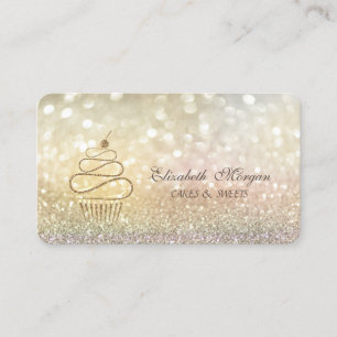 Cartão De Visita Cupcakes Elegantes com Brilho Dourado em Bokeh