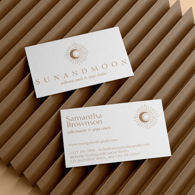 Cartão De Visita Cura de Energia Marrom Sol Lua Espiritual (Brown Energy Healing Sun Moon Spiritual Business Card)
