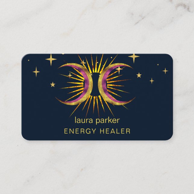Cartão De Visita Curandeira de Reiki Crescente Místico Sol Lua (Frente)