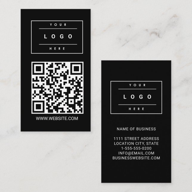Cartão De Visita Custom Black Business Logo and Website QR Code (Frente/Verso)