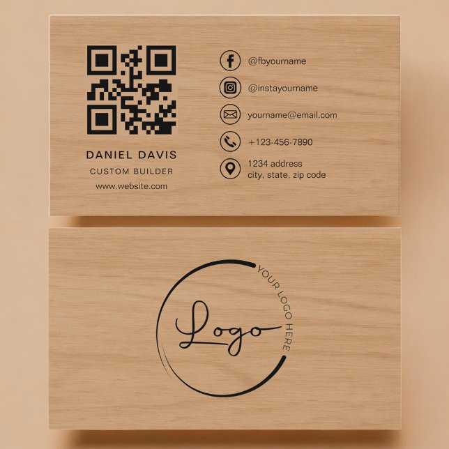 Cartão De Visita Custom Builder Wood Professional QR Code (Criador carregado)
