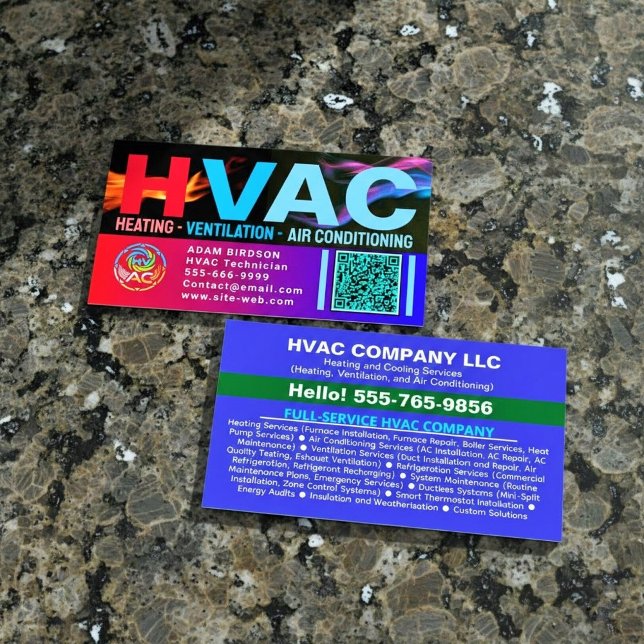 Cartão De Visita Custom HVAC Company Logo Qr Code | Professional AC (custom ac service business cards, hvac business card with QR, professional heating and cooling cards)