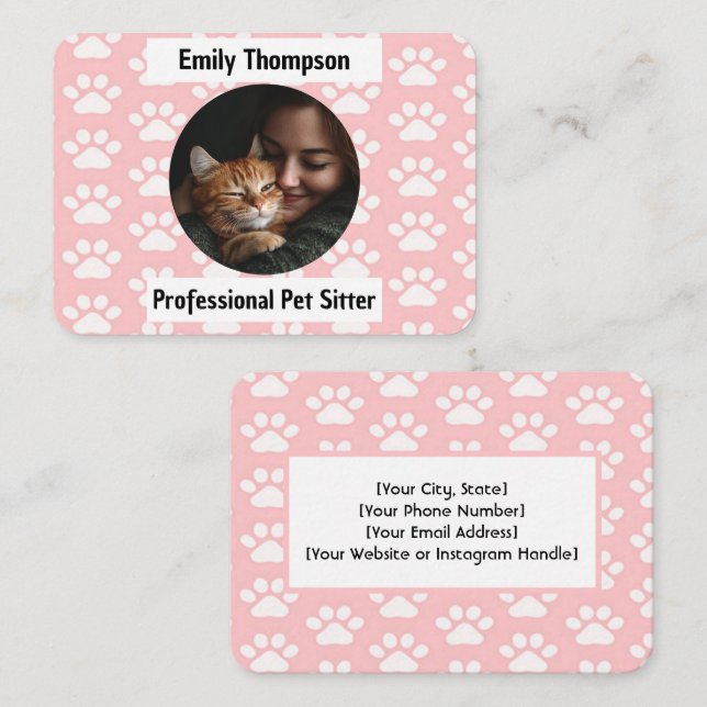 Cartão De Visita Custom Pet Sitter Business Card – Pink Paw Print  (Frente/Verso)