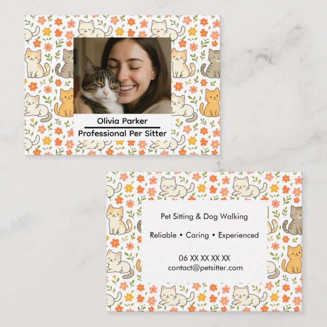 Cartão De Visita Custom Pet Sitter Business Card with Photo (Frente/Verso)