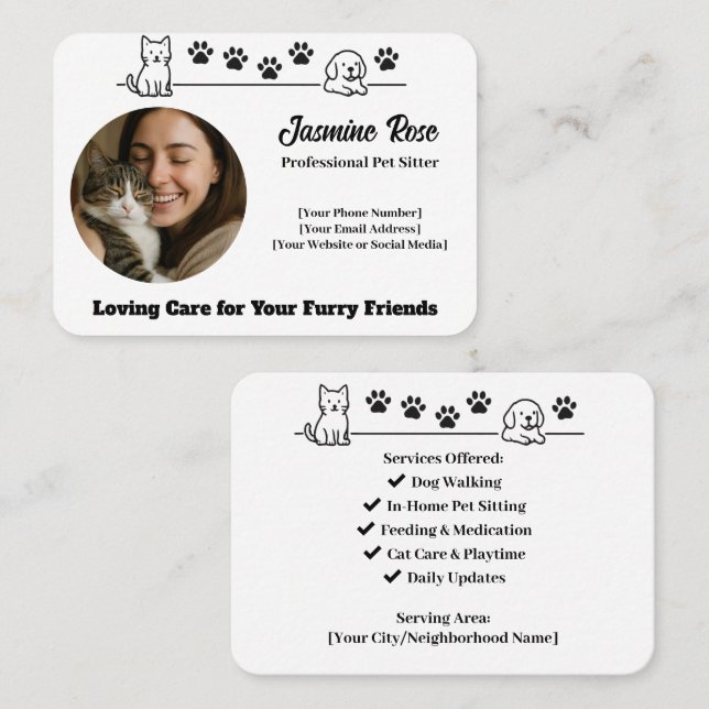 Cartão De Visita Custom Pet Sitter Business Card with Photo  (Frente/Verso)