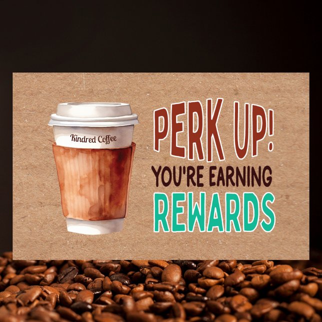 Cartão De Visita Custom Rustic Kraft Coffee Loyalty (Rustic kraft coffee loyalty card with watercolor art, QR code, and rewards tracking for cafes.)