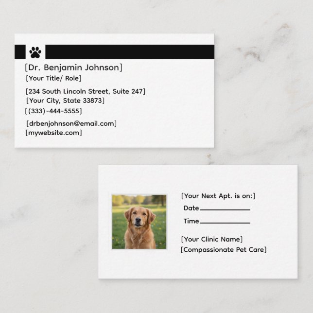 Cartão De Visita Custom Veterinary Appointment Card | Photo & Logo (Frente/Verso)