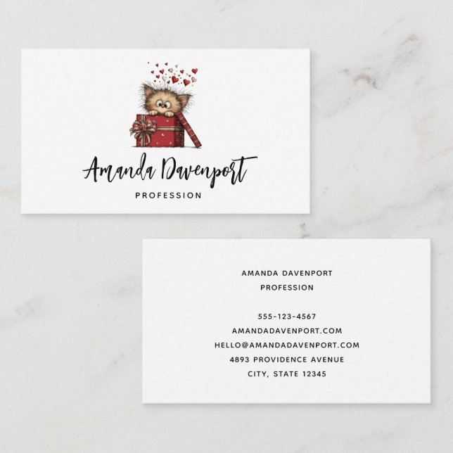 Cartão De Visita Cute Cartoon Kitten in a Box with Hearts (Frente/Verso)