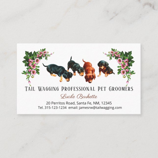 Cartão De Visita Cute Dachshund Puppies Pet Grooming Floral (Frente)