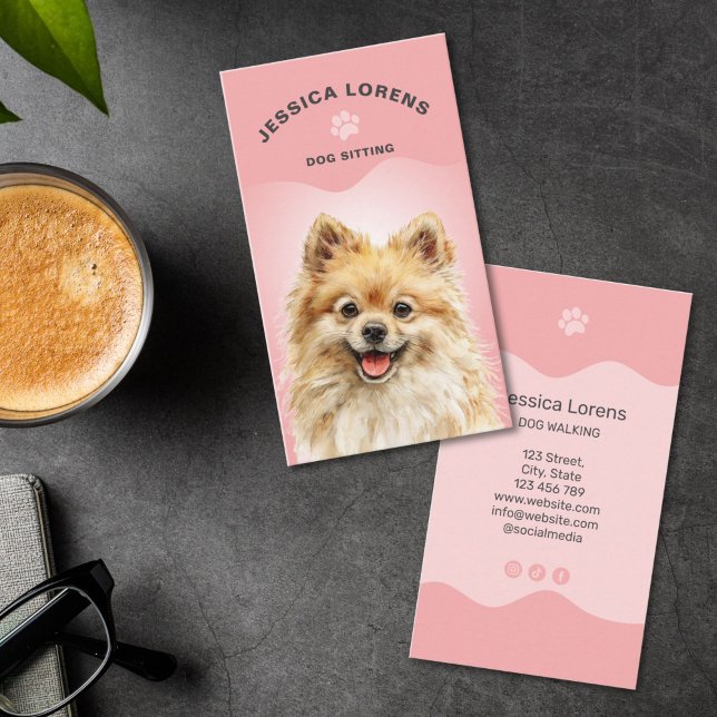 Cartão De Visita Cute Dog Sitter, Pet Groomer, Dog Walker (cute pet sitter business card with paw print and watercolor dog illustration)
